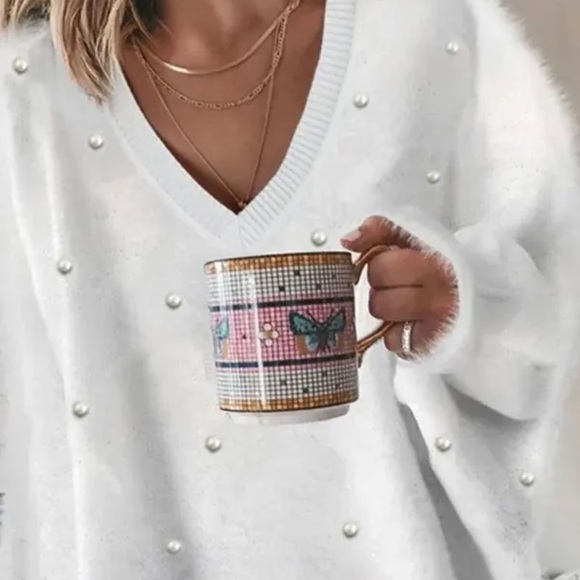 𝅺beaded Decor Long Sleeve Fluffy Top-NWT - Picture 2 of 9